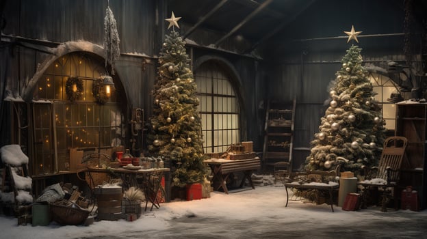 Generative AI, Christmas interior rural background, Santa Claus rustic workshop photo