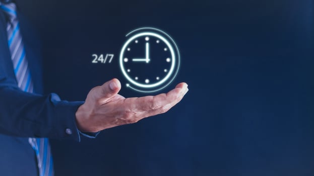 nonstop service concept. businessman hand holding virtual 24-7 with clock on hand for worldwide nonstop and full-time available contact of service concept. customer service. photo