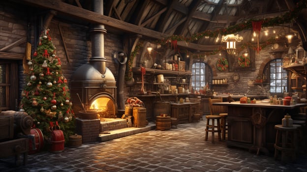 Generative AI, Christmas interior rural background, Santa Claus rustic workshop photo