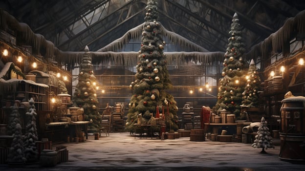 Generative AI, Christmas interior rural background, Santa Claus rustic workshop photo
