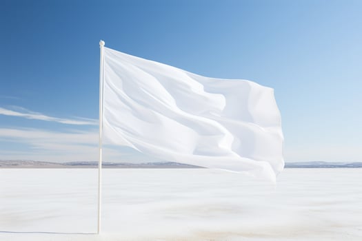 An empty white waving flag on a clear sky in a vacant lot. Generative AI photo