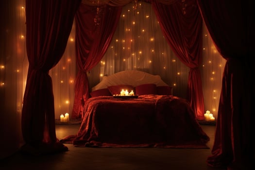 Romantic room interior with pink curtains and red hearts. Valentine's day concept. AI generated photo