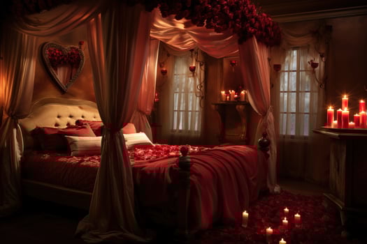 Romantic room interior with pink curtains and red hearts. Valentine's day concept. AI generated photo