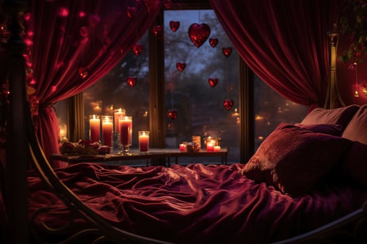 Romantic room interior with pink curtains and red hearts. Valentine's day concept. AI generated photo