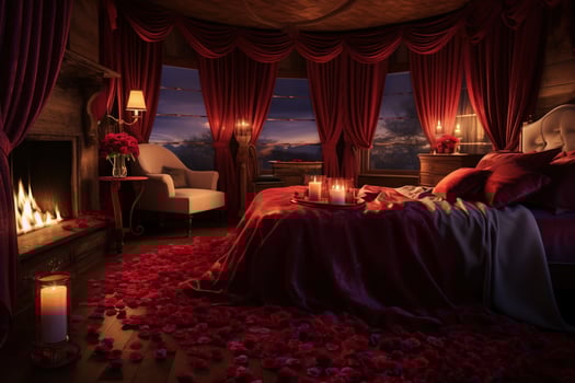 Romantic room interior with pink curtains and red hearts. Valentine's day concept. AI generated photo