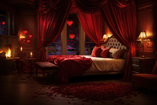 Romantic room interior with pink curtains and red hearts. Valentine's day concept. AI generated photo