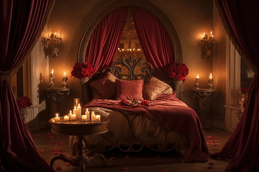 Romantic room interior with pink curtains and red hearts. Valentine's day concept. AI generated photo