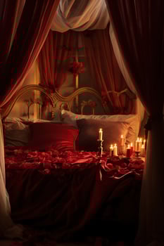 Romantic room interior with pink curtains and red hearts. Valentine's day concept. AI generated photo