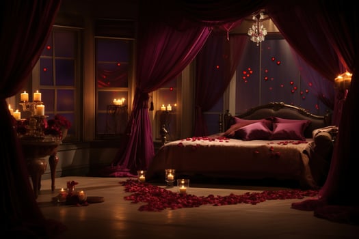 Romantic room interior with pink curtains and red hearts. Valentine's day concept. AI generated photo
