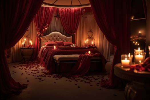 Romantic room interior with pink curtains and red hearts. Valentine's day concept. AI generated photo