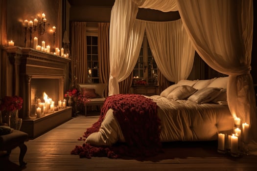 Romantic room interior with pink curtains and red hearts. Valentine's day concept. AI generated photo