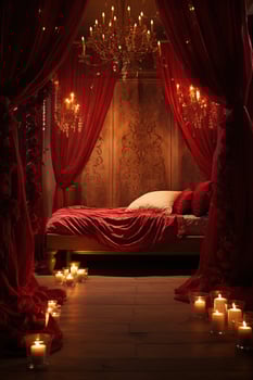Romantic room interior with pink curtains and red hearts. Valentine's day concept. AI generated photo