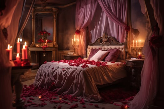 Romantic room interior with pink curtains and red hearts. Valentine's day concept. AI generated photo