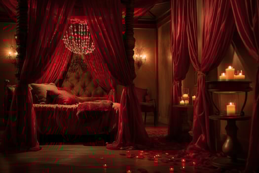 Romantic room interior with pink curtains and red hearts. Valentine's day concept. AI generated photo