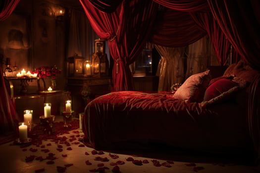 Romantic room interior with pink curtains and red hearts. Valentine's day concept. AI generated photo
