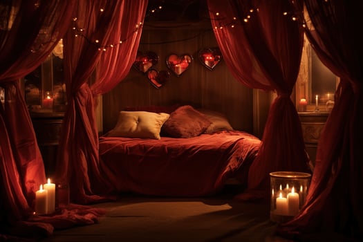 Romantic room interior with pink curtains and red hearts. Valentine's day concept. AI generated photo