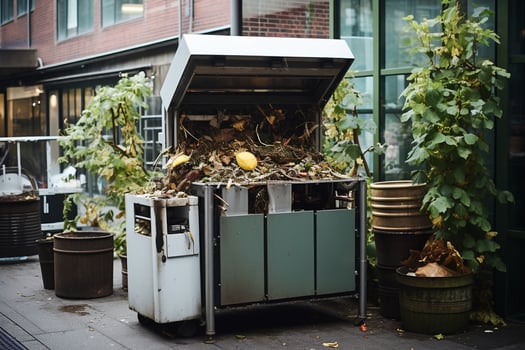 An urban composting station reducing food waste in the city. Cleaning up the environment. Ai generative photo