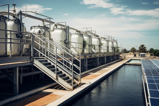 A solar-powered water desalination plant providing clean water. Ai generative photo
