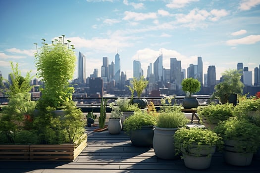 Urban green roof garden overlooking the city skyline. Ai generative photo