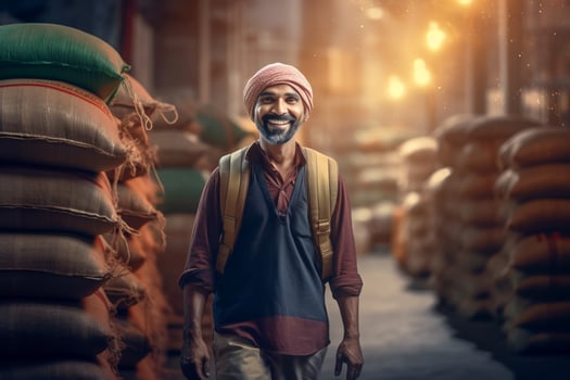 Indian farmer carrying sack. Generate Ai photo