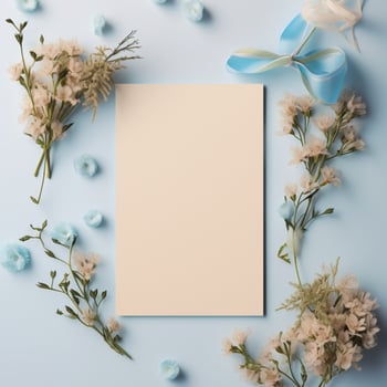 mockup wedding invitation card white paper with dandelions flower photo