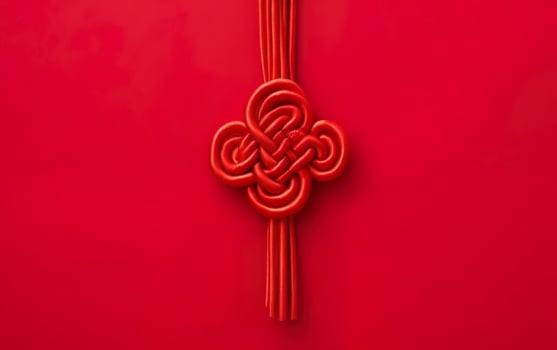 Chinese style symmetrical ornament, a red knot isolated on red background. Symbol of good luck. AI Generative photo