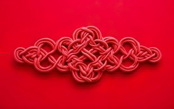 Chinese tangled ornament, a red knot isolated on red background. AI Generative photo