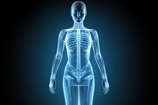 Full body x-ray of a female robot against a dark background. Generated by artificial intelligence photo
