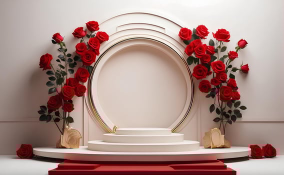 A modern podium with red rose background. photo
