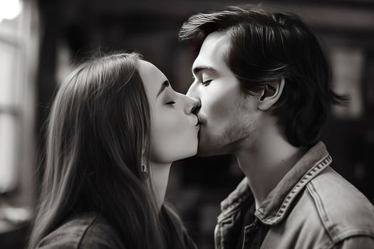 A young married couple in love hugs and kisses romantically. AI generated. photo