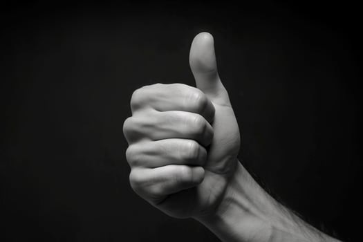 Thumb up, symbol of excellent hitchhiking. Man black background. AI generated. photo