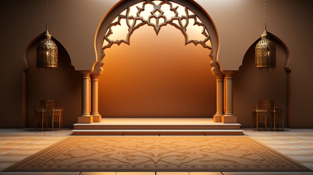 podium background. Ramadan holiday minimalism style . arabic design with shades of beige gold colors. ai generated photo