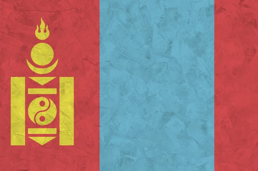 Mongolia flag depicted in bright paint colors on old relief plastering wall. Textured banner on rough background photo