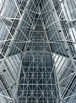 Abstract metal structure roof interior in blue soft and white photo