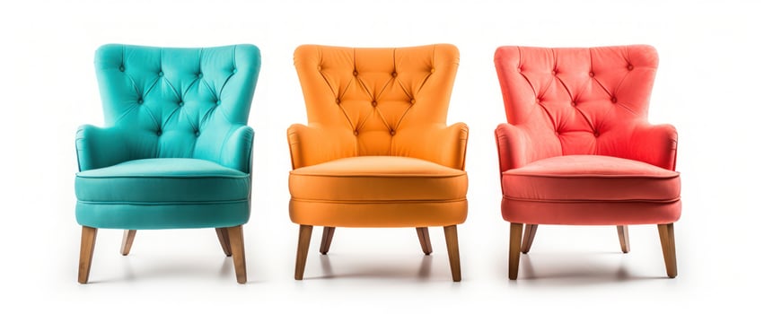 Set of Classic three armchair and three color art deco style in turquoise velvet with wood legs isolated on white background. Generative ai photo