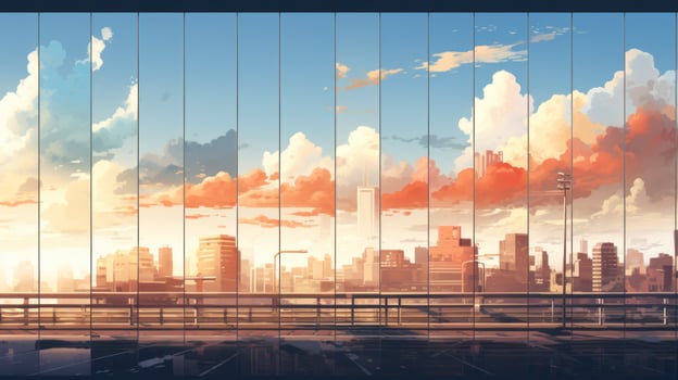Beautiful city landscape background. Cartoon summer sunset with clouds. Anime style photo