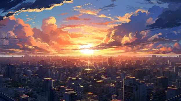 Beautiful city landscape background. Cartoon summer sunset with clouds. Anime style photo