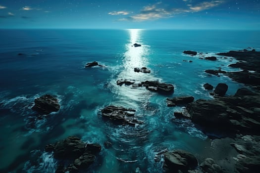 A beautiful night sky over the ocean with rocks and water photo