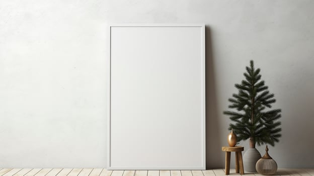 Vertical empty border leaning wall near xmas tree ai generated frame mock up plant interior photo