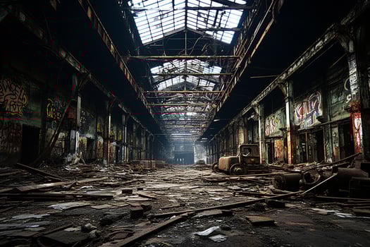 empty Abandoned old warehouse interior, dark, industrial, dirty, gloom AI Generated photo
