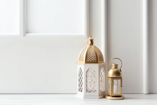 Eid mubarak and ramadan kareem greetings with islamic lantern and mosque. Eid al fitr background. Eid al fitr background of window concept by AI Generated photo