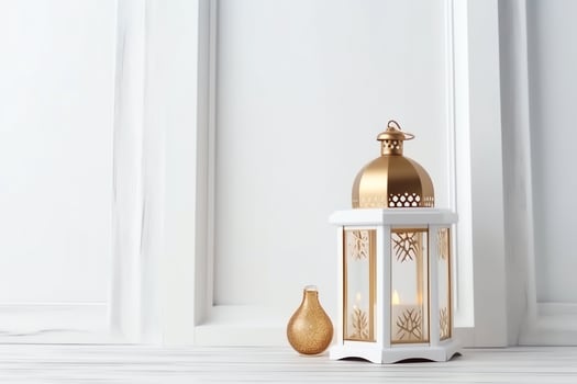 Eid mubarak and ramadan kareem greetings with islamic lantern and mosque. Eid al fitr background. Eid al fitr background of window concept by AI Generated photo