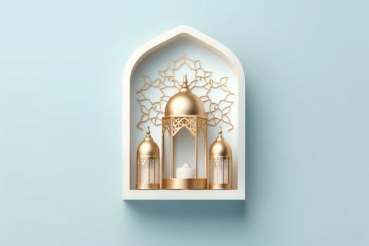 Eid mubarak and ramadan kareem greetings with islamic lantern and mosque. Eid al fitr background. Eid al fitr background of window concept by AI Generated photo