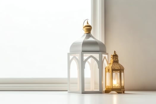 Eid mubarak and ramadan kareem greetings with islamic lantern and mosque. Eid al fitr background. Eid al fitr background of window concept by AI Generated photo
