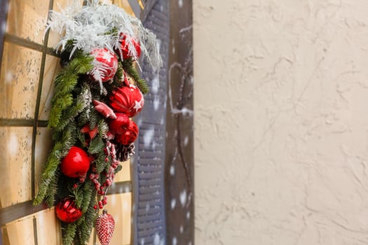Christmas background with decorative star, fir branches and pine cones photo