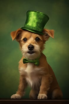 Cute puppy in green top hat. St. Patrick's Day. AI generated photo