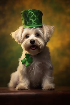 Cute puppy in green top hat. St. Patrick's Day. AI generated photo