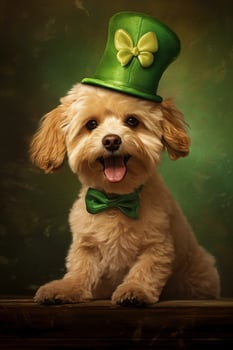 Cute puppy in green top hat. St. Patrick's Day. AI generated photo