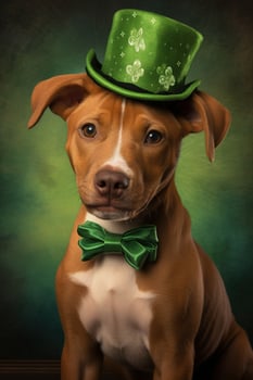 Cute puppy in green top hat. St. Patrick's Day. AI generated photo