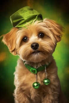 Cute puppy in green top hat. St. Patrick's Day. AI generated photo